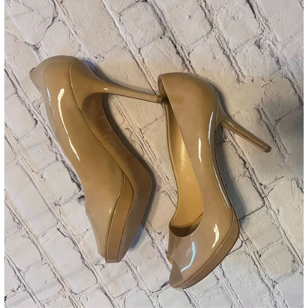 Jimmy Choo Sz 40.5 Open Toe Pump Heels Tan Patent Leather Classic Iconic Formal